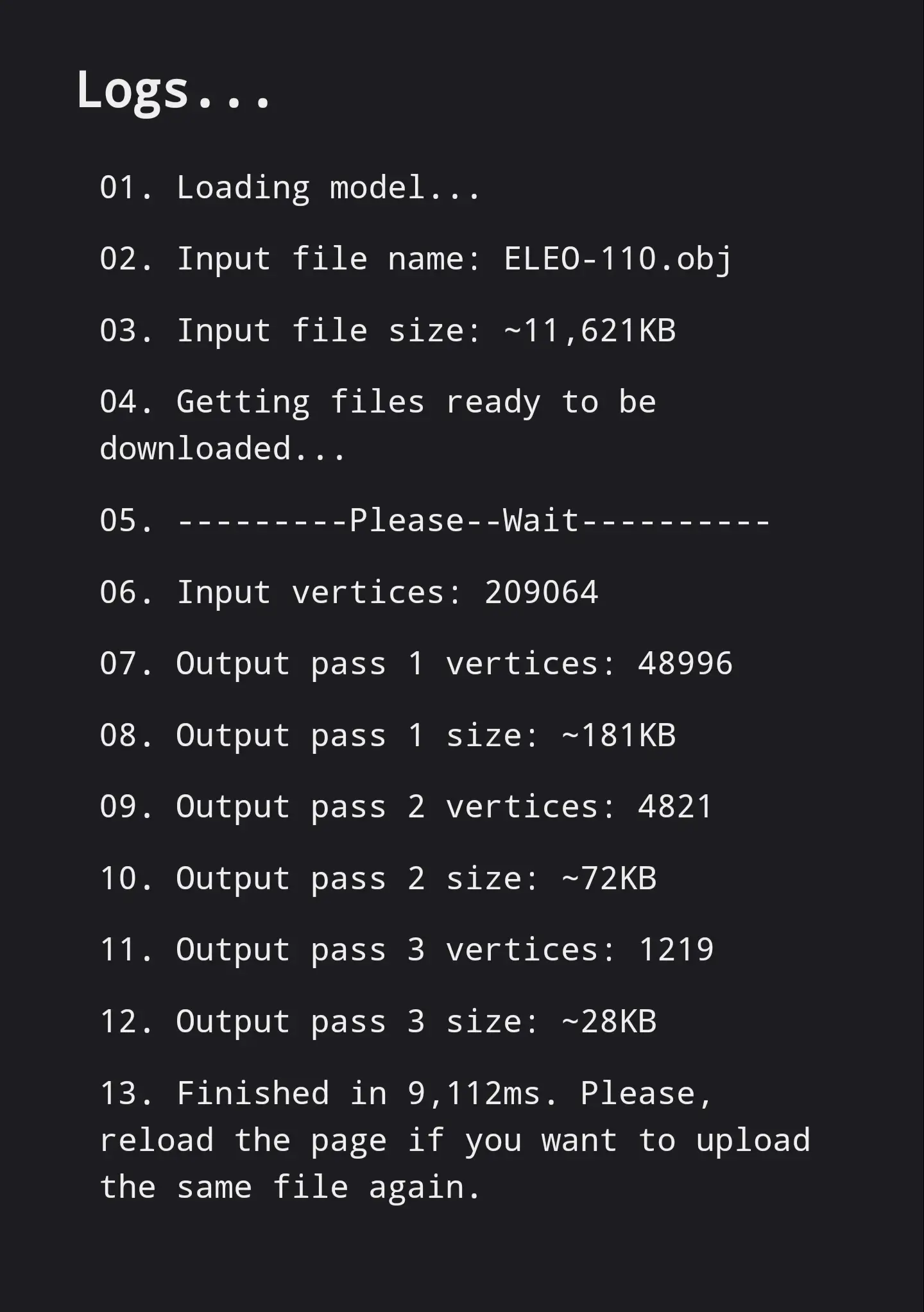 Optimization stages shown during processing