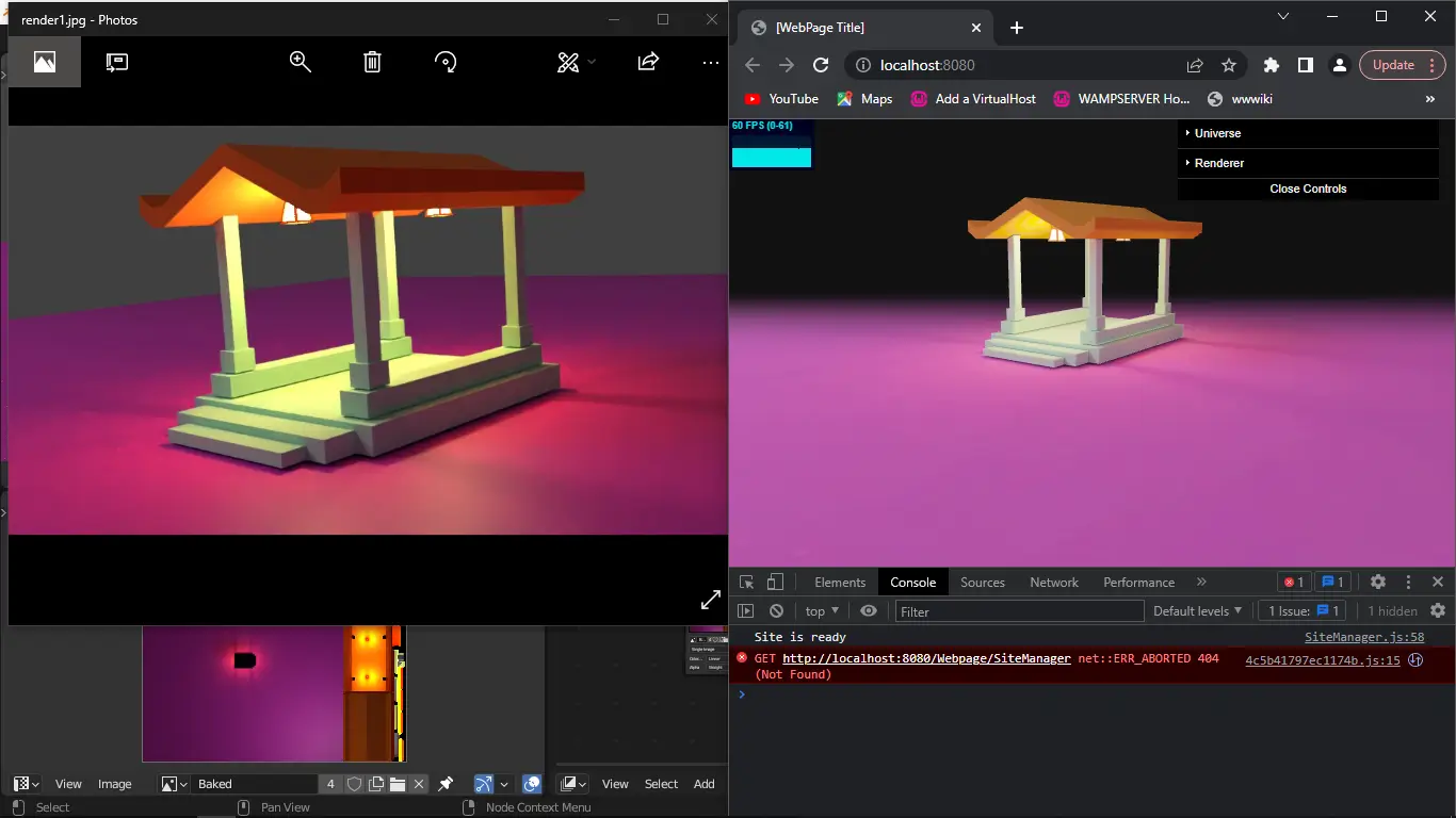 Web on the right, Blender render on the top left, and baked texture in the bottom left